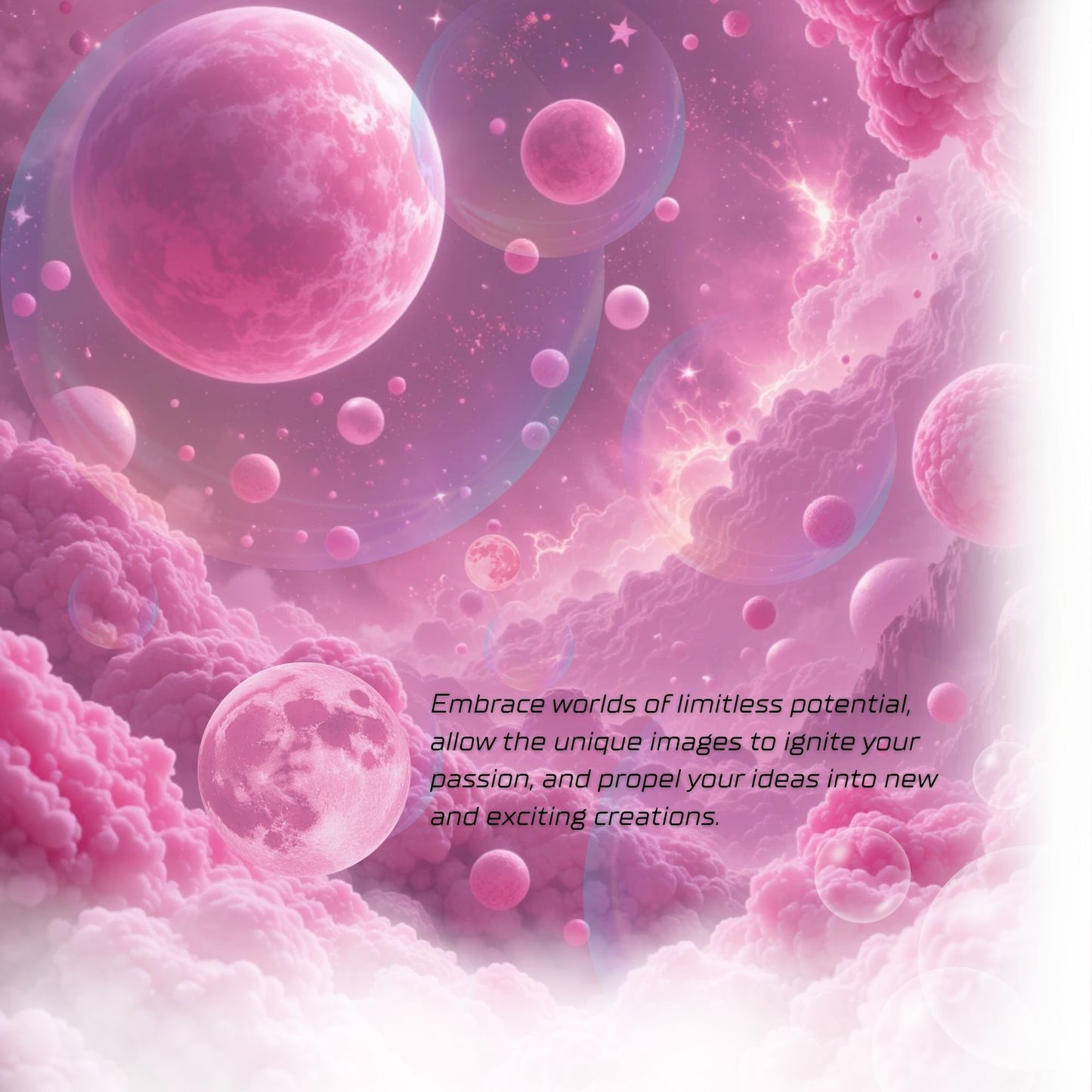 Pink themed cosmic scene with bubble gum pink planets and pink clouds, featuring soap bubbles with a misty frame and a quote 'Embrace worlds of limitless potential, allow the unique images to ignite your passion, and propel your ideas into new and exciting creations'